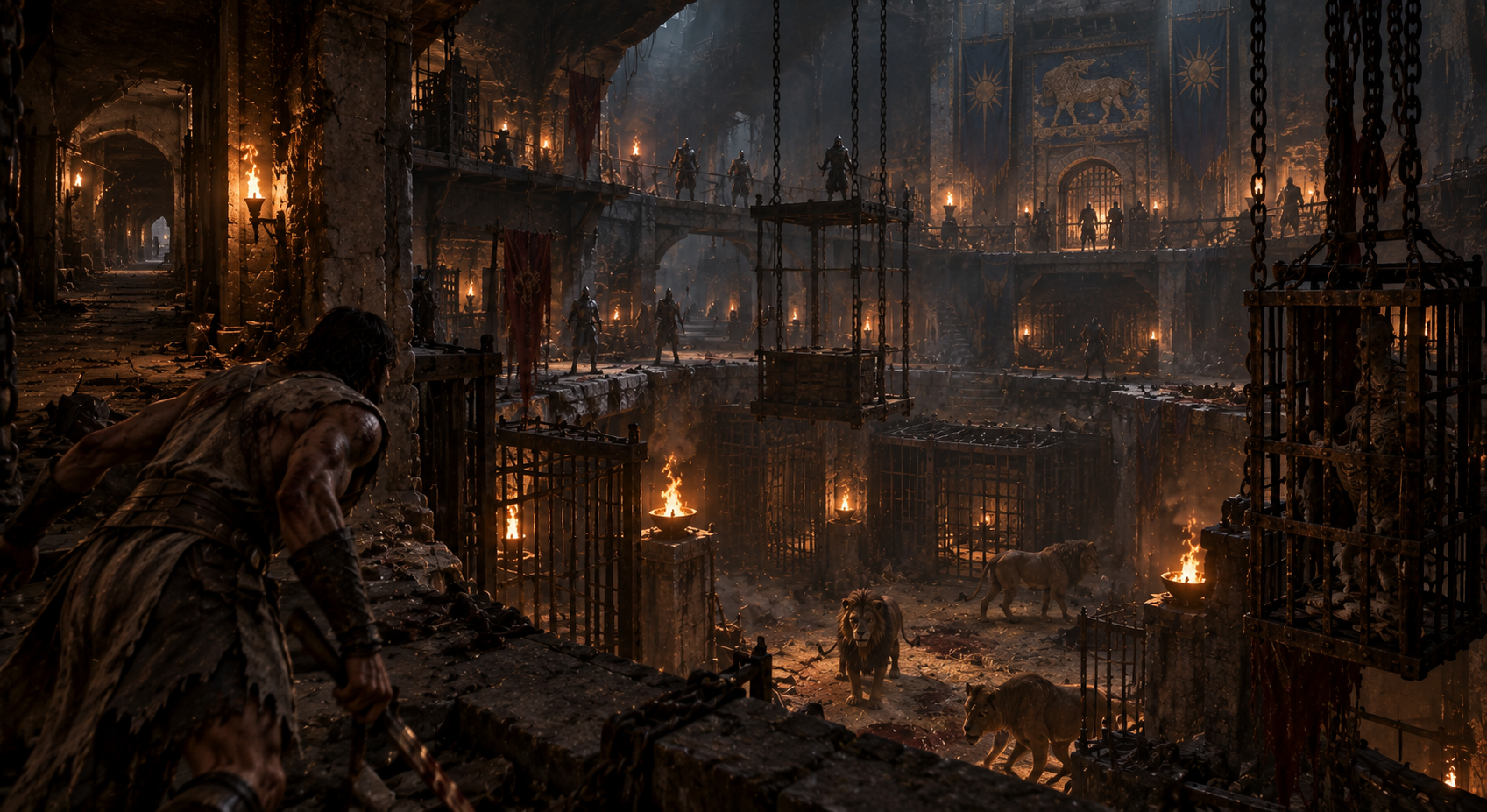 The player moving through the lion pits beneath Babel