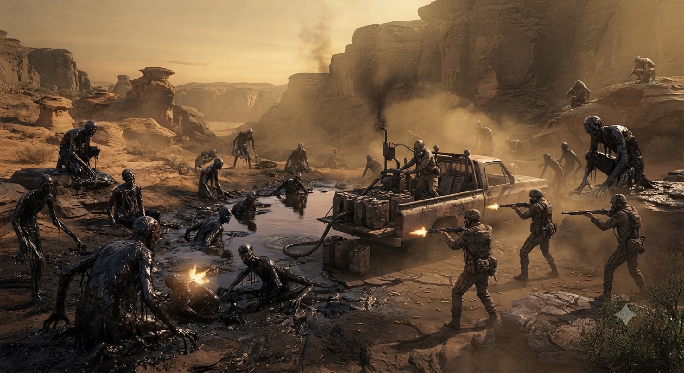 A fighter approaching a LAB creature in an oil field