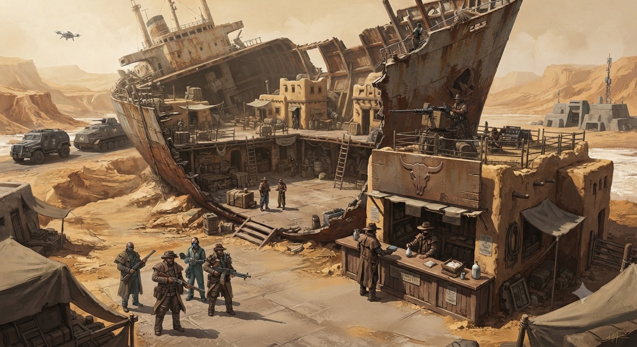 A settlement built from salvaged industrial structures
