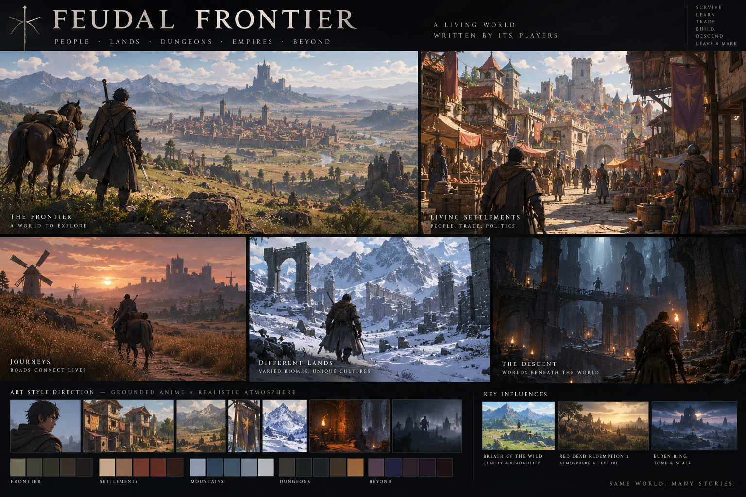Feudal Frontier art direction board showing the surface, settlements, regions and descent