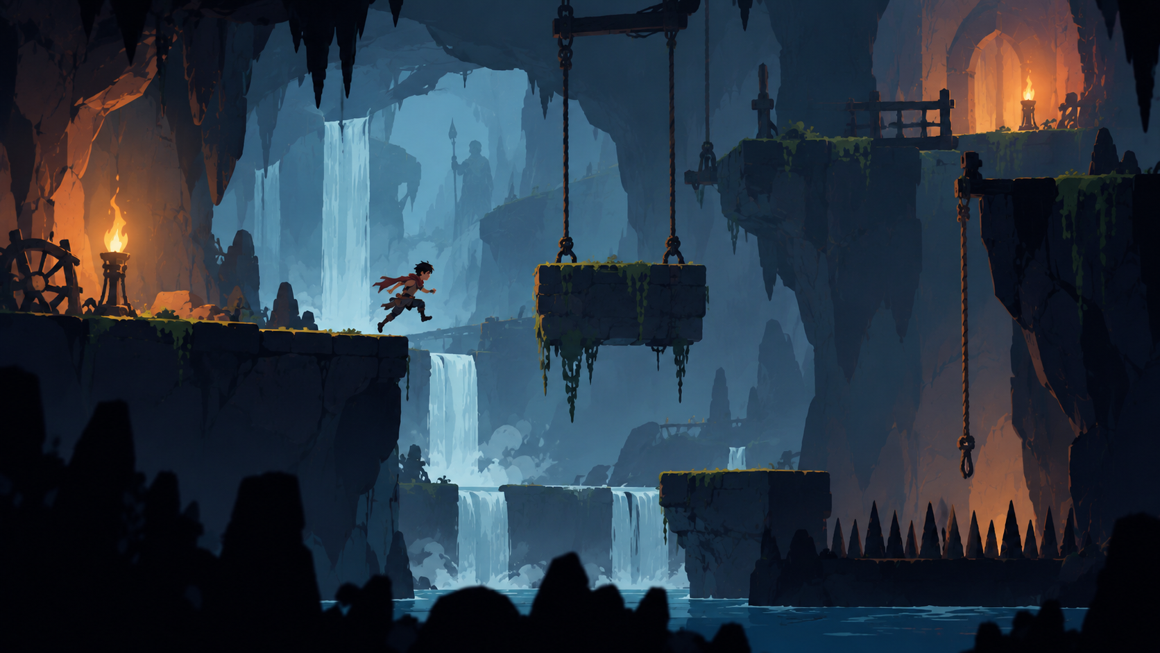 The boy crossing suspended platforms inside a flooded cave