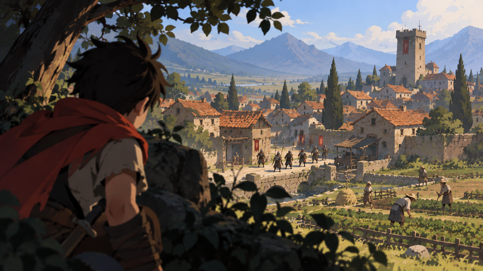 The boy watching Hangard soldiers enter the farming town of Takorama